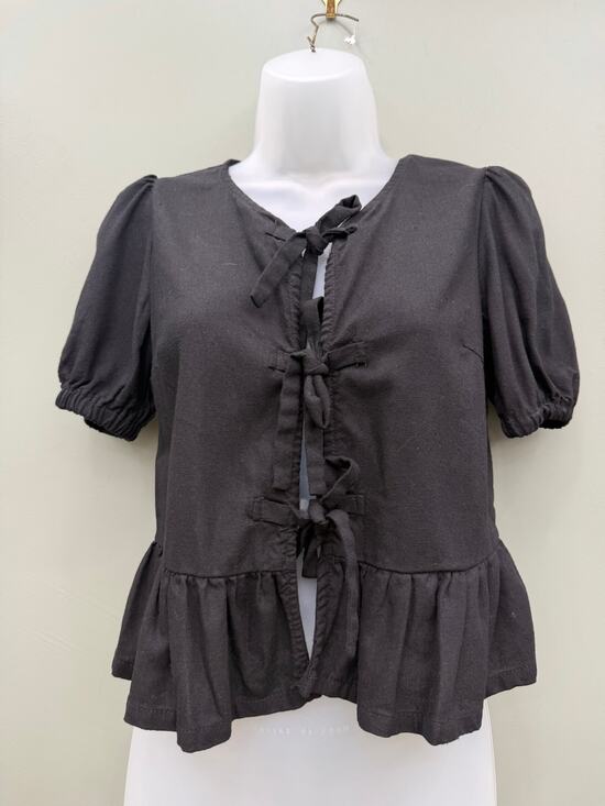 Liberty Love Tops - Liberty Love Black Linen Blend Tie Front Peplum Puff Sleeve Top XS